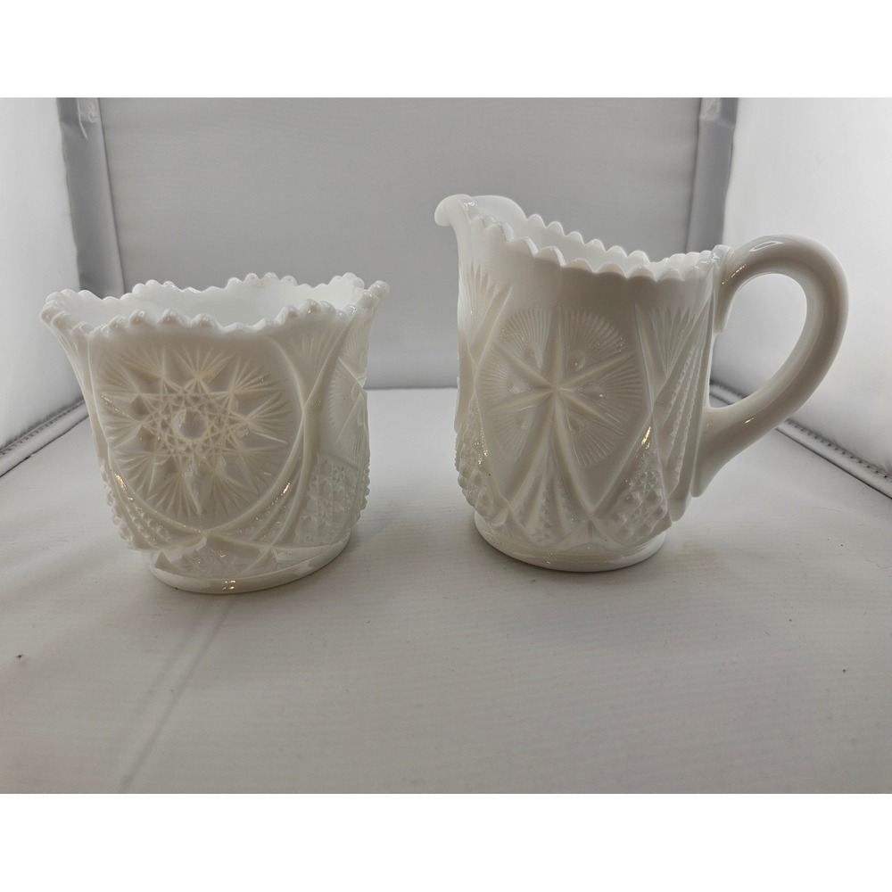 Vintage Milk Glass Creamer and Sugar Bowl Set Starburst mid-century‎ Farmhouse